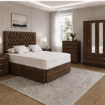Elegant Walnut Bedroom Set Including 4 Door Mirrored Wardrobe, Chest of Drawers and Side Tables