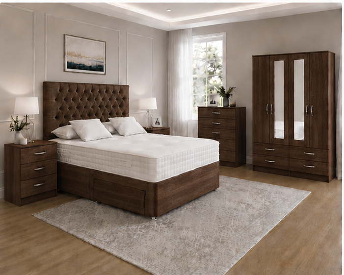 Elegant Walnut Bedroom Set Including 4 Door Mirrored Wardrobe, Chest of Drawers and Side Tables