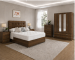 Modern Storage Walnut Color Bedroom Set with Drawers - Nightstands, 4 Door Wardrobe