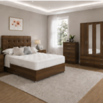 Modern Storage Walnut Color Bedroom Set with Drawers - Nightstands, 4 Door Wardrobe