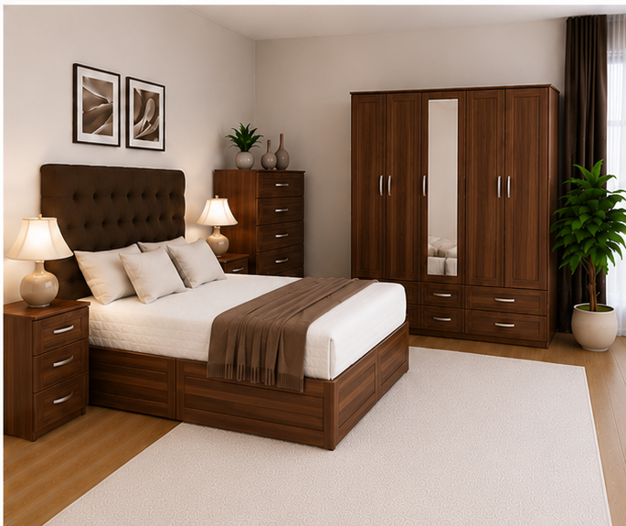 walnut_bottom_right Stylish Bedroom Package with 5 Door Wardrobe and Bedside Cabinets - Image 1