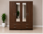 Luxury walnut Bedroom Wardrobe with 4 Drawers and two mirrors - Deluxe 4 Door Wardrobe with 2 Mirrors