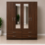 Luxury walnut Bedroom Wardrobe with 4 Drawers and two mirrors - Deluxe 4 Door Wardrobe with 2 Mirrors