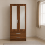 Contemporary Half Mirror Double Door Wardrobe with walnut colors - Elegant 2 Door Wardrobe with Dual Mirrors and Drawers
