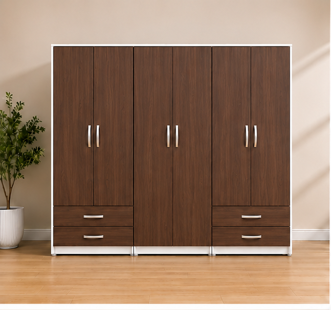 walnut_front_view (3) Modern Six Door Wardrobe - Premium Storage 6 Door Wardrobe with 4 Drawers - Image 1