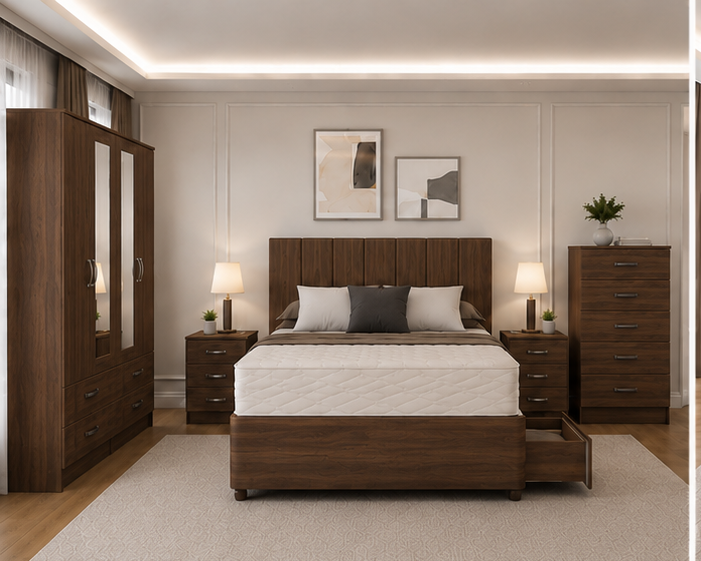 walnut_front_view Elegant Master Bedroom Set with 4 Door Wardrobe and 5 Drawer Chest - Image 1