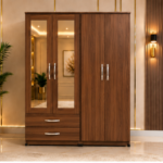 Modern walnut 4 door Wardrobe with Dual Mirrors and 2 Drawers - Deluxe 4 Door Bedroom Storage Wardrobe