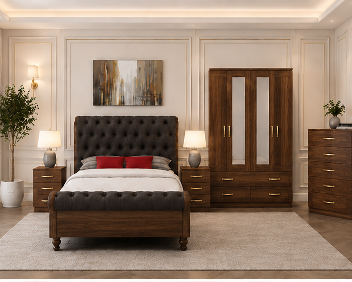 walnut_top_left Modern Bedroom Package with Wardrobe, Chest and Bedside Tables - Image 1