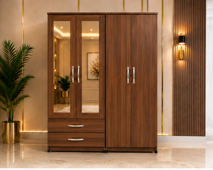 walnut_top_left Modern walnut 4 door Wardrobe with Dual Mirrors and 2 Drawers - Deluxe 4 Door Bedroom Storage Wardrobe - Image 1