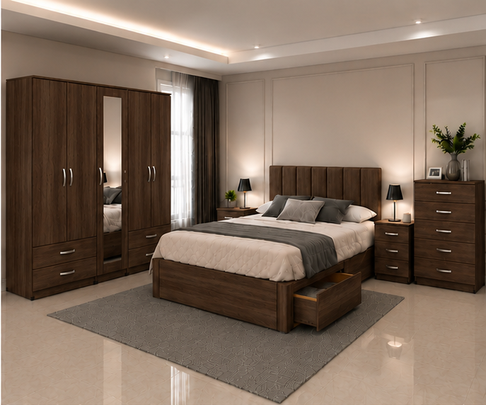 walnut_top_right (1) Complete Modern Bedroom Suite with Bed, Wardrobe and Storage Furniture - Image 1