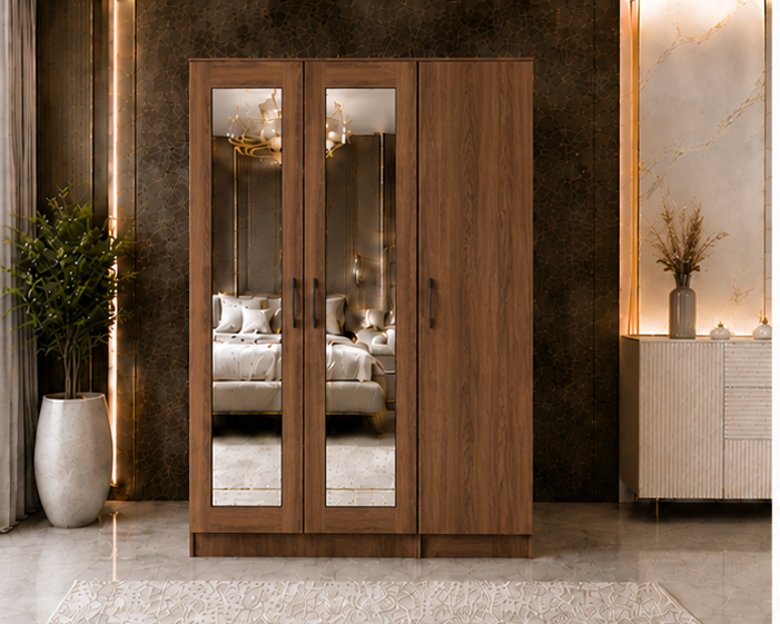 walnut_wardrobe_front Classic Three Door Bedroom Wardrobe with Twin Mirrors - Image 1