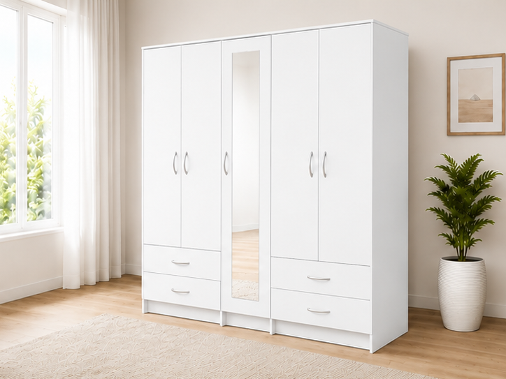 wardrobe_angle Premium Storage 5 Door Wardrobe with Full Mirror & 4 Drawers - Image 1