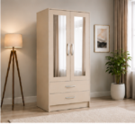 2 Door Wardrobe with Half Mirror & 2 Drawers with beige colors - Modern Two Door Wardrobe with 2 Drawers & 2 Mirrors - Image 2