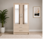 2 Door Wardrobe with Half Mirror & 2 Drawers with beige colors - Modern Two Door Wardrobe with 2 Drawers & 2 Mirrors