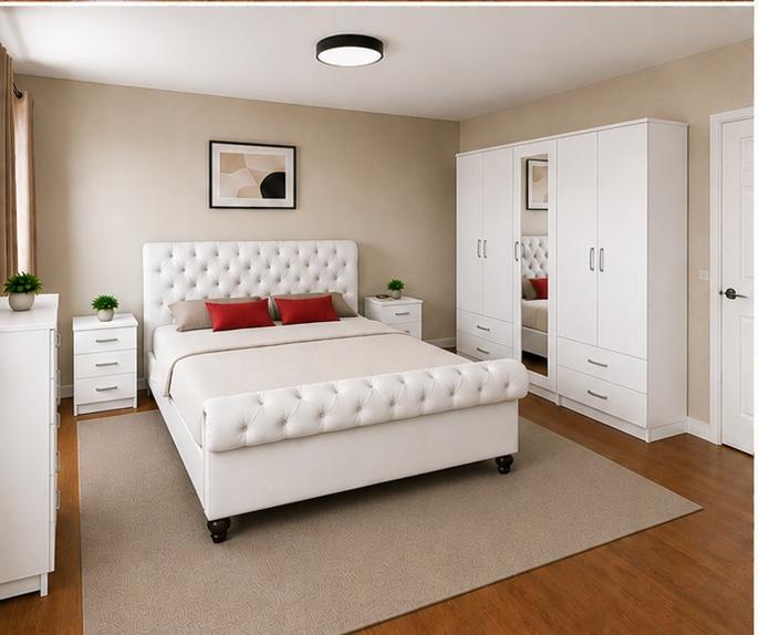 white_bedroom_3 Elegant Sleigh Storage Bedroom Set - Deluxe Sleigh Bed & Mirror Wardrobe - Modern Sleigh Bed Furniture Collection - Image 1