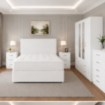 Premium Bedroom Suite with 4-Door Mirror Wardrobe & Chest in White colors