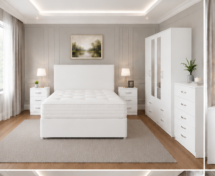white_bedroom_top_left Premium Bedroom Suite with 4-Door Mirror Wardrobe & Chest in White colors - Image 1