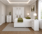 Contemporary Bedroom Collection – Double Divan Bed, 2 Bedside Tables & 5 Drawer Chest in White colors - Image 2