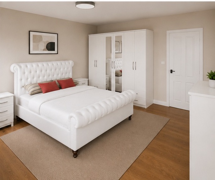 white_bottom_right Classic Wooden Sleigh Bedroom Suite - Elegant Home Sleigh Furniture Set - Luxury Sleigh Bed Room Package - Image 1