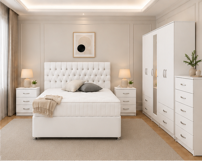 Premium Bedroom Furniture Package with Wardrobe, Drawers & Bedside Cabinets in white colors