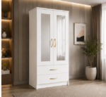 Premium Bedroom Wardrobe with Half-Length Mirrors with white colors - Deluxe 2 Door Wardrobe with 2 Drawers & Mirrors - Image 2