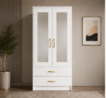 Premium Bedroom Wardrobe with Half-Length Mirrors with white colors - Deluxe 2 Door Wardrobe with 2 Drawers & Mirrors - Image 5