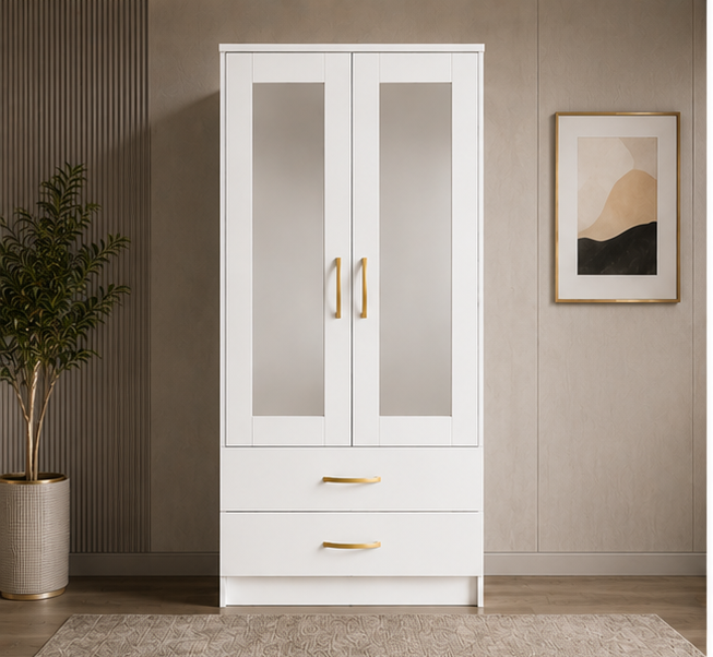 white_luxury_front_view Premium Bedroom Wardrobe with Half-Length Mirrors with white colors - Deluxe 2 Door Wardrobe with 2 Drawers & Mirrors - Image 1
