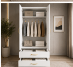 Premium Bedroom Wardrobe with Half-Length Mirrors with white colors - Deluxe 2 Door Wardrobe with 2 Drawers & Mirrors - Image 3