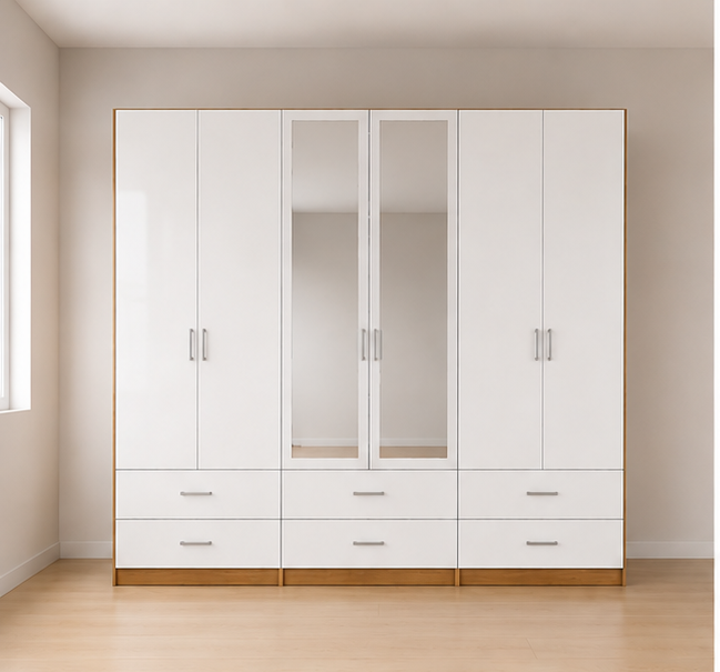 white_oak_wardrobe_1 Modern Wooden 6 doors Wardrobe – 6 Drawers & Dual Mirrors - Image 1