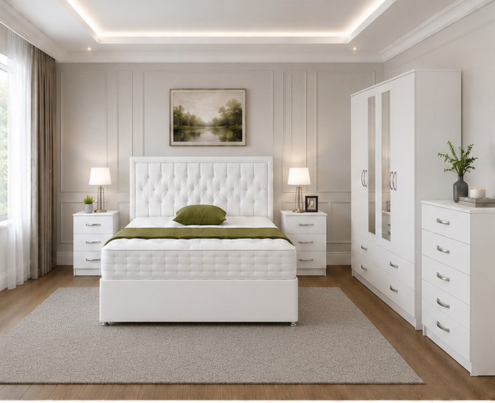 white_top_left Contemporary Bedroom Collection – Double Divan Bed, 2 Bedside Tables & 5 Drawer Chest in White colors - Image 1