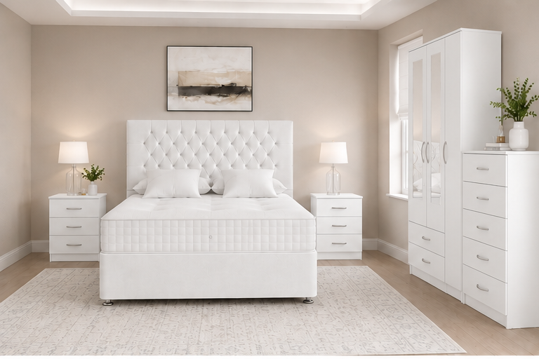 white_top_left Luxury Upholstered Double Bed with Matching Wardrobe, Nightstands and Chest of Drawers - Image 1
