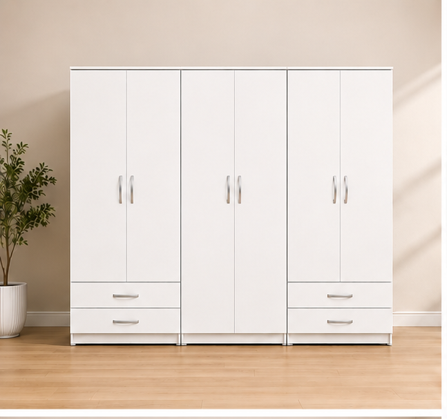 white_wardrobe_view_1 Stylish 6 Door Wardrobe - Modern Bedroom 6 Door Wardrobe with 4 Drawers & Mirrors - Image 1