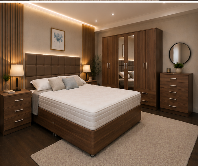 Modern Bedroom Suite – King Bed – Six Door Wardrobe with Four Drawers – Chest of 5 Drawers – 2 Bedside Tables
