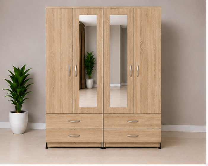 wood_front_view Multi-Storage oak 4 door Wardrobe with 4 Drawers and 2 Mirrors - Spacious Wooden 4 Door Wardrobe - Image 1