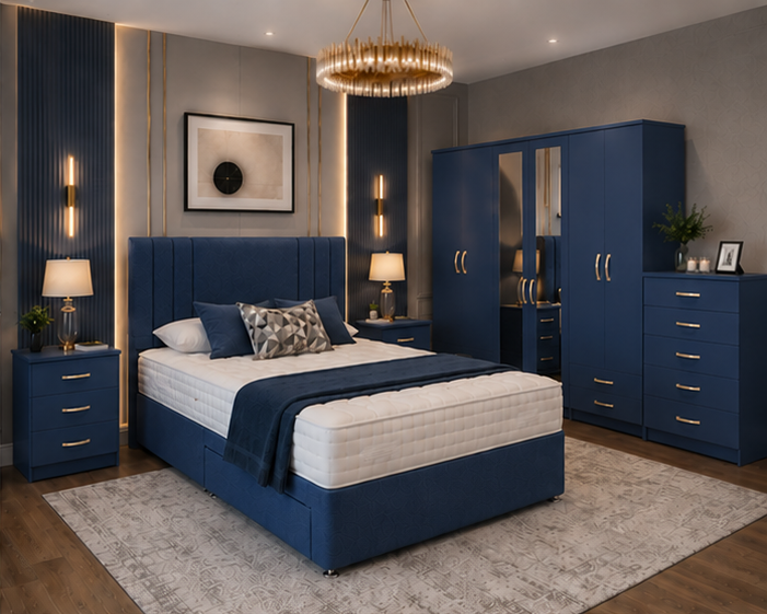 Premium Bedroom Furniture Package - King Size Bed - Six Door Wardrobe - Five Drawer Chest - Bedside Table Pair
