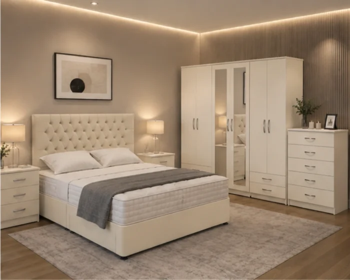 Modern king Bed Furniture Collection - Six Door Wardrobe - Five Drawer Chest - Two Side Tables