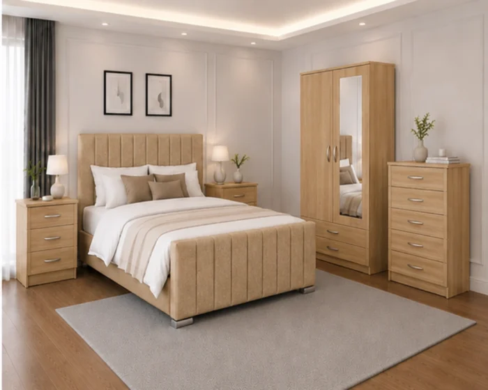 Bedroom Furniture Bundle - King Size Bed - Two Door Mirror Wardrobe - Five Drawer Chest - Two Bedside Tables