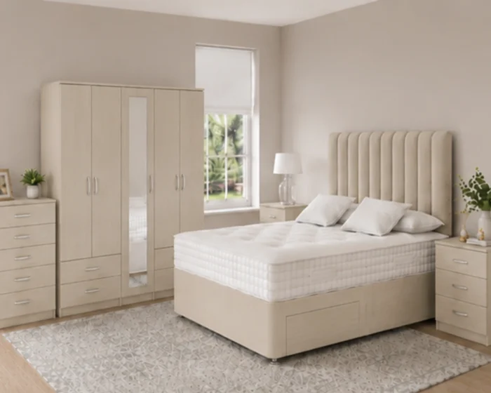 Contemporary Bedroom Furniture – King Size Bed, 5 Door Mirrored Wardrobe with Four Bottom Drawers, Five Drawer Chest & Two Matching Bed Side Tables