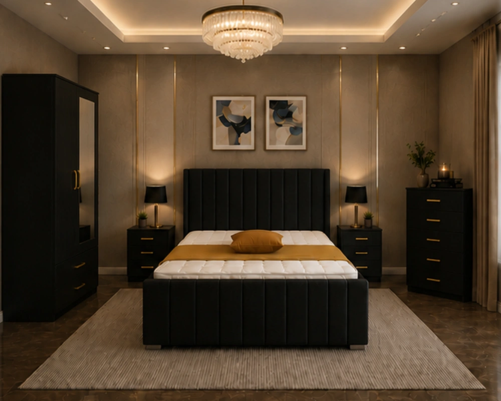 1 King Size Bed Furniture Set - Six Door Wardrobe With Four Drawer - Chest of Five Drawers With Two Bed Side Table - Image 1