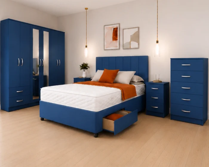 Navy Blue Bedroom Set with Matching Wardrobe & Chest of Drawers - 5 Drawer Chest - Two Bedside Tables