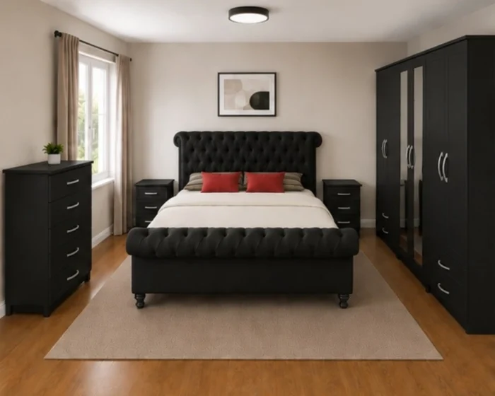 Luxury Sleigh king Bed Furniture Set - Six Door Wardrobe With Four Drawer - Chest of Five Drawers With Two Bed Side Table