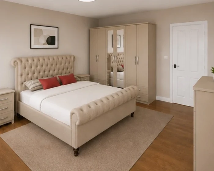 king Bed Bedroom Set - 6 Door Mirror Wardrobe With Bottom Drawers - 5 Drawer Chest - Two Bedside Tables