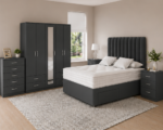 Modern Luxury King Size Bed Set – Five Door Wardrobe Full Length Mirror, Four Bottom Drawers, Chest of Five Drawers & 2 Bed Side Tables - Image 2