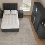 Modern Luxury King Size Bed Set – Five Door Wardrobe Full Length Mirror, Four Bottom Drawers, Chest of Five Drawers & 2 Bed Side Tables