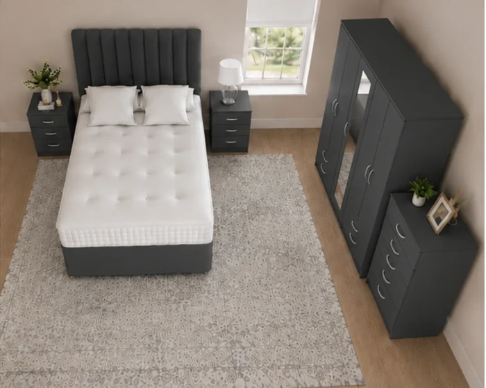 Modern Luxury King Size Bed Set – Five Door Wardrobe Full Length Mirror, Four Bottom Drawers, Chest of Five Drawers & 2 Bed Side Tables