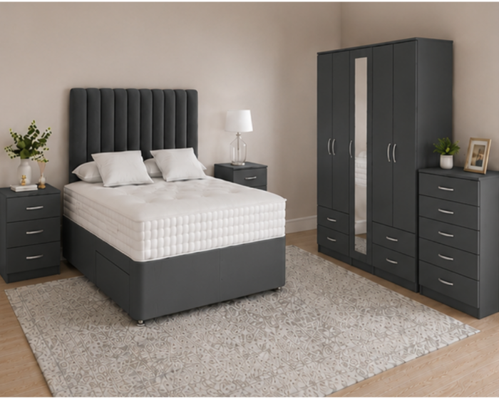 Modern Luxury King Size Bed Set – Five Door Wardrobe Full Length Mirror, Four Bottom Drawers, Chest of Five Drawers & 2 Bed Side Tables