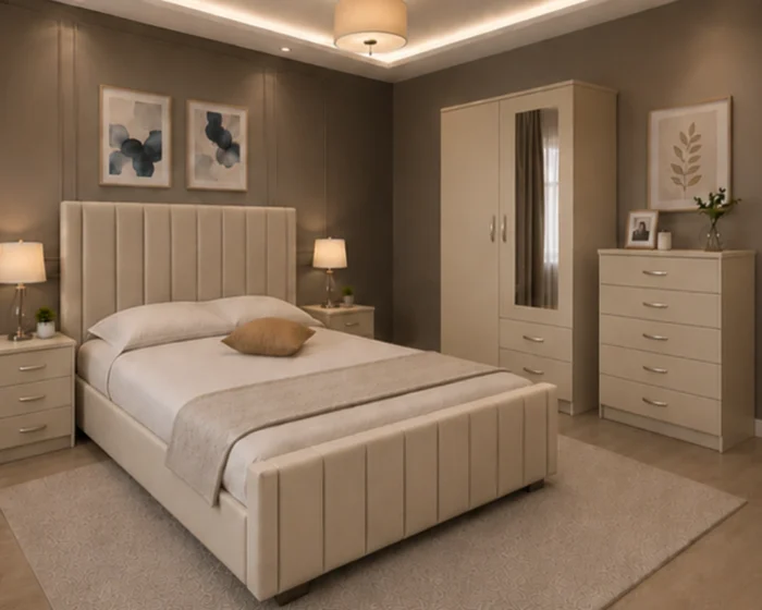 Complete King Bed Furniture Package - two Door Wardrobe With two Drawer - Chest of Five Drawers With Two Bed Side Table