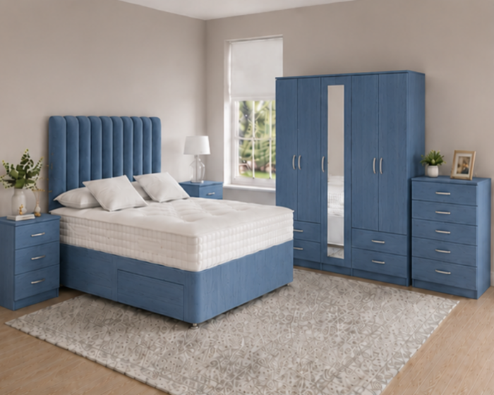 Complete Bedroom Furniture Package – King Size Bed, 5 Door Full Mirror Wardrobe with Four Bottom Drawers, Five Drawer Chest & Two Bed Side Tables
