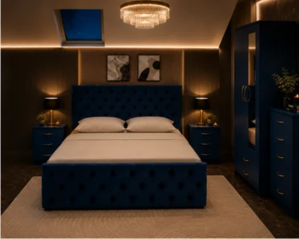 Luxury king Bed Furniture Collection - Two Door Mirror Wardrobe With Bottom Drawer - Chest of Five Drawers - Bedside Table Pair
