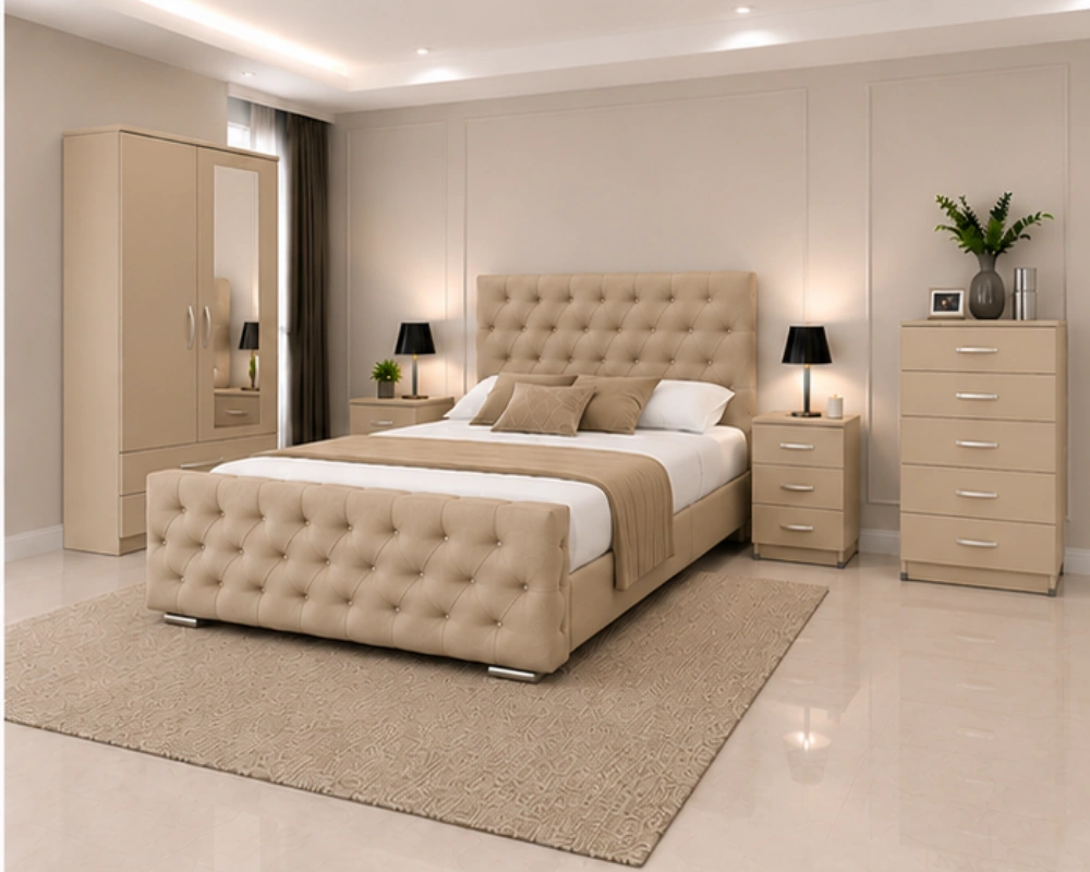 18 Designer Bedroom Furniture Collection Modern Bedroom Essentials - king Bed - 2 Door Mirror Wardrobe - Five Drawer Chest - Two Bedside Tables - Image 1